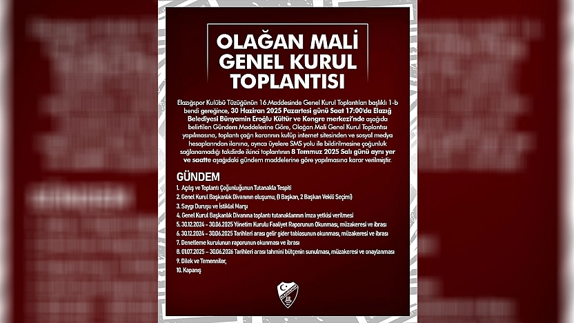Elazığspor'da olağan mali genel kurul toplantısı yapılacak