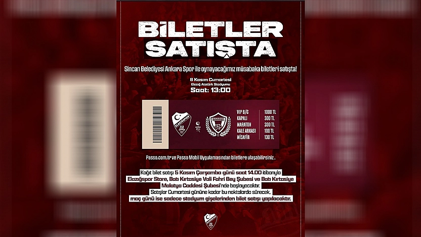 Elazığspor Maçı Biletleri Satışta