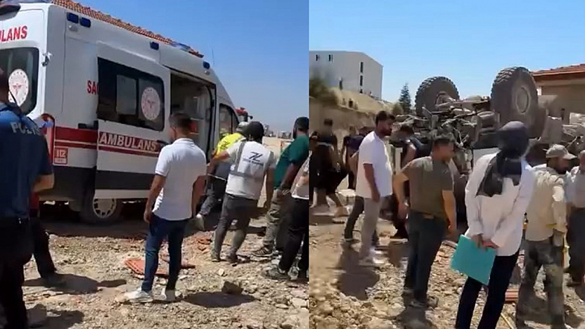 Freni patlayan iş makinesi takla attı: 1 yaralı