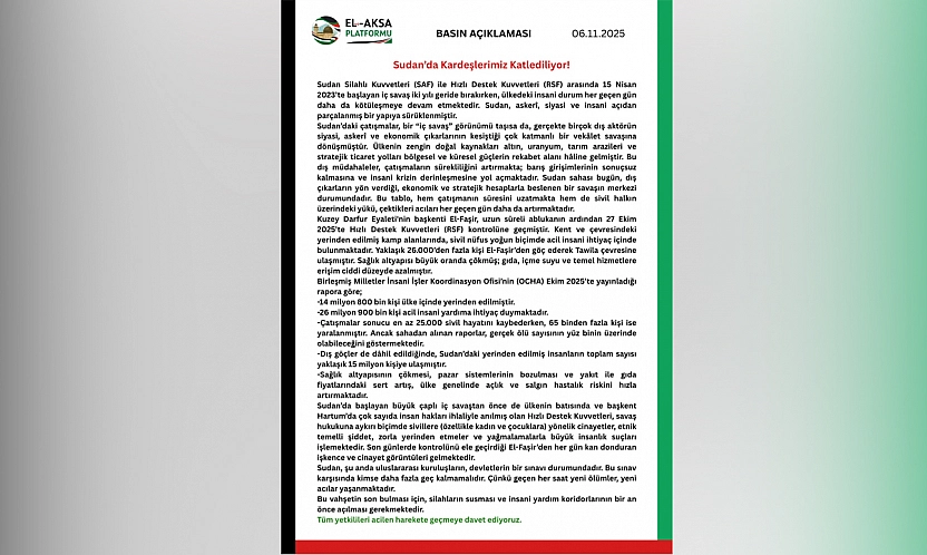 El-Aksa Platformu: 'Sudan'da kardeşlerimiz katlediliyor!'