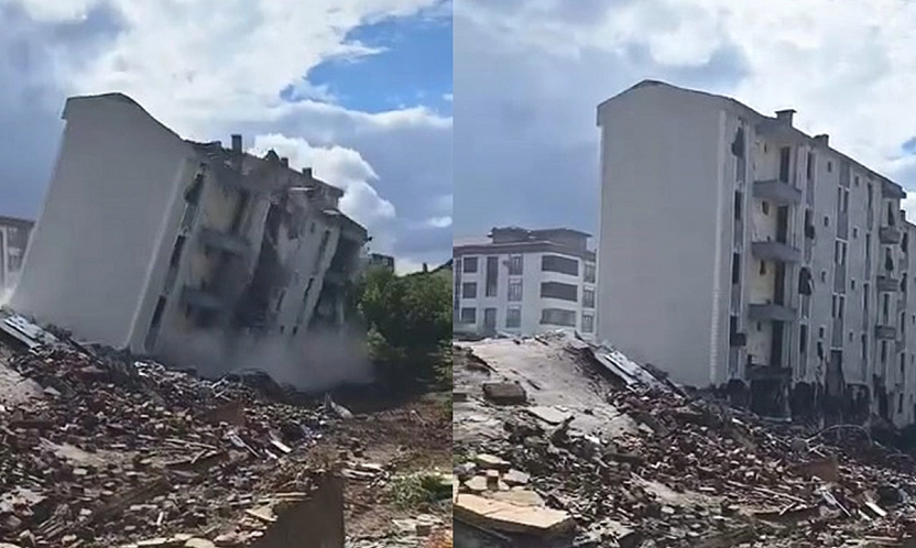 Elazığ'da ağır hasarlı bina, tek dokunuşla yerle bir oldu
