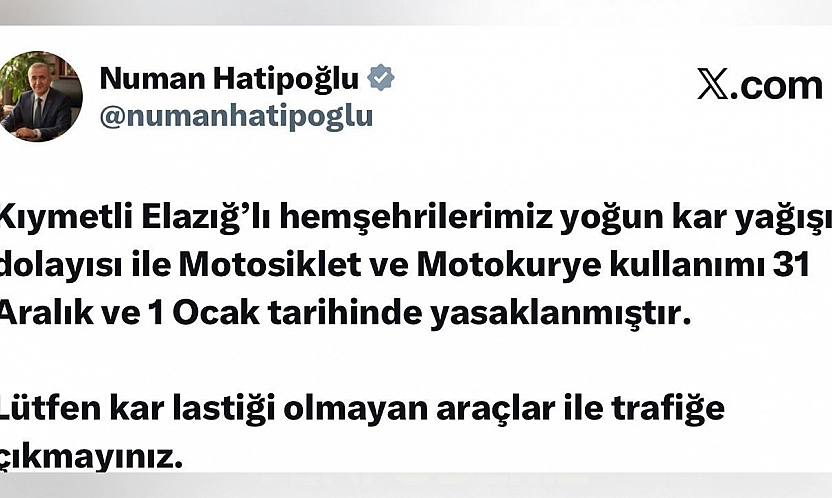 Elazığ'da kar nedeniyle motosiklet ve motokurye yasağı