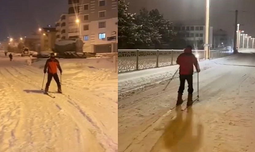 Elazığ'da kar sonrası caddede kayak keyfi