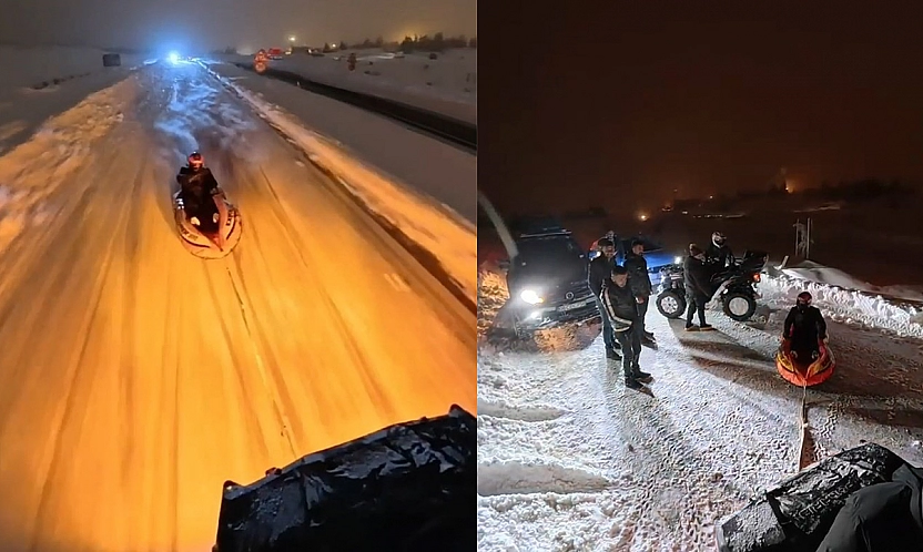 Elazığ'da Şişme botu kızak yapıp ATV araçla çektiler