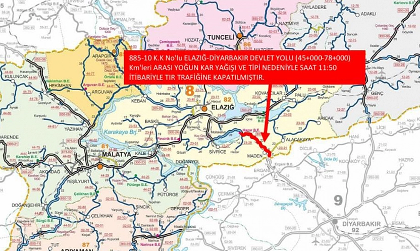 Elazığ–Diyarbakır yolunda ağır taşıtlara kar engeli