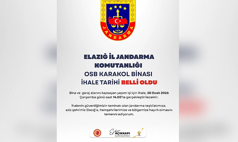 Elazığ İl Jandarma Komutanlığı OSB Karakol Binası ihaleye çıkıyor
