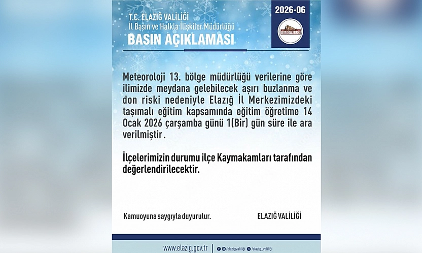 Elazığ'da taşımalı eğitime 1 gün ara