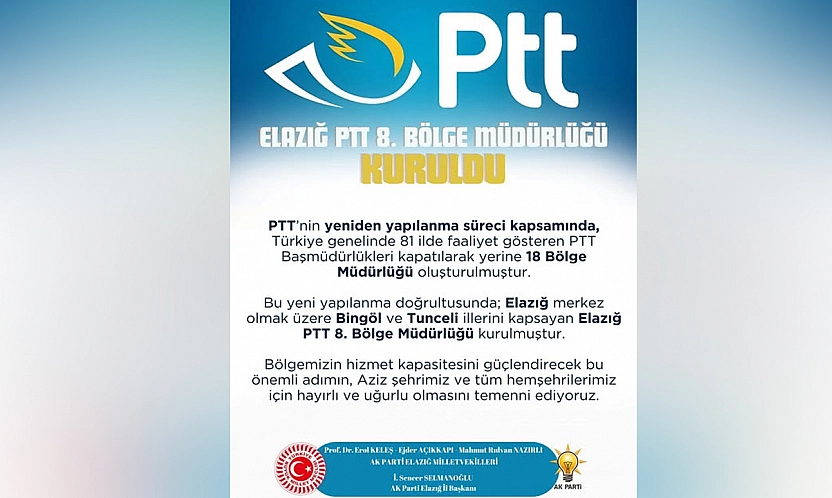 Elazığ PTT 8. Bölge Müdürlüğü kuruldu