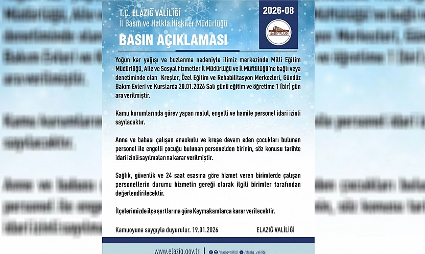 Elazığ valiliğinden duyuru