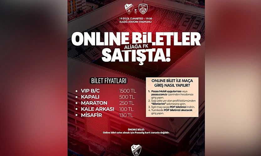 Elazığspor–Aliağa FK maçı biletleri satışta