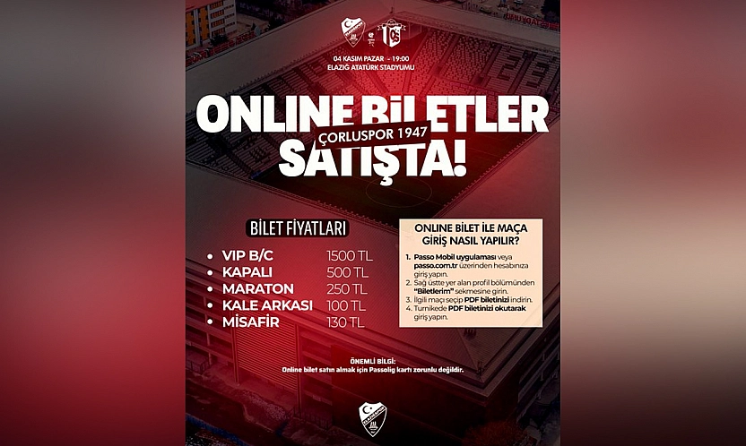 Elazığspor-Çorluspor 1947 maçı biletleri satışta