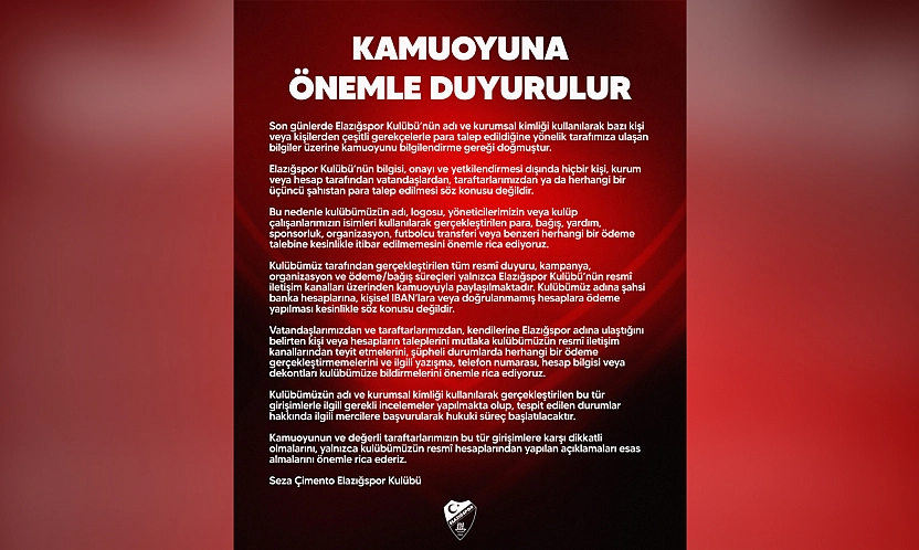 Elazığspor'dan dolandırıcılık uyarısı