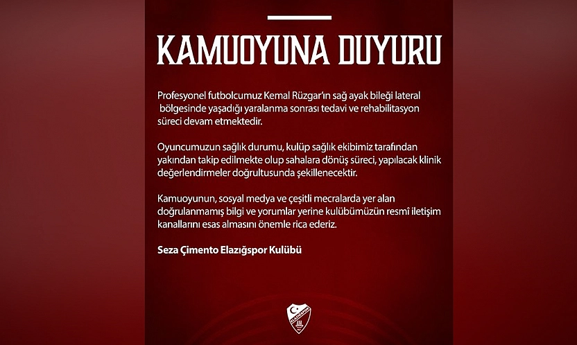 Elazığspor'dan Kemal Rüzgar açıklaması! Tedavi süreci devam ediyor