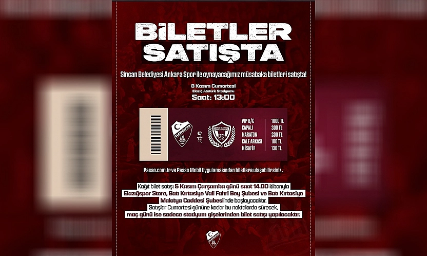 Elazığspor Maçı Biletleri Satışta