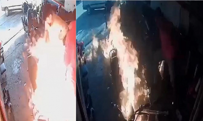 Motosikletteki yangına yanıcı maddeyle müdahale edince alevlerin arasında kaldılar