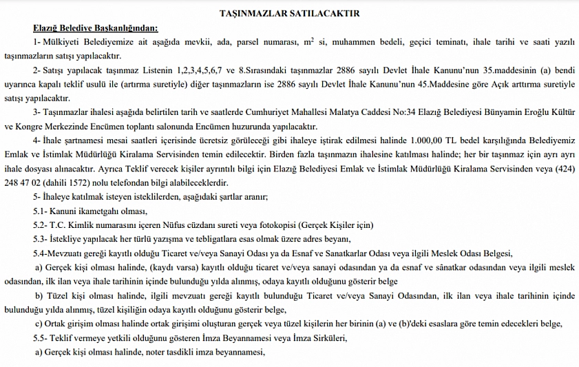 Elazığ Belediyesi ihaleye çıkıyor! 3 arsa 13 dükkan ihale edilecek... İşte başvuru şartları