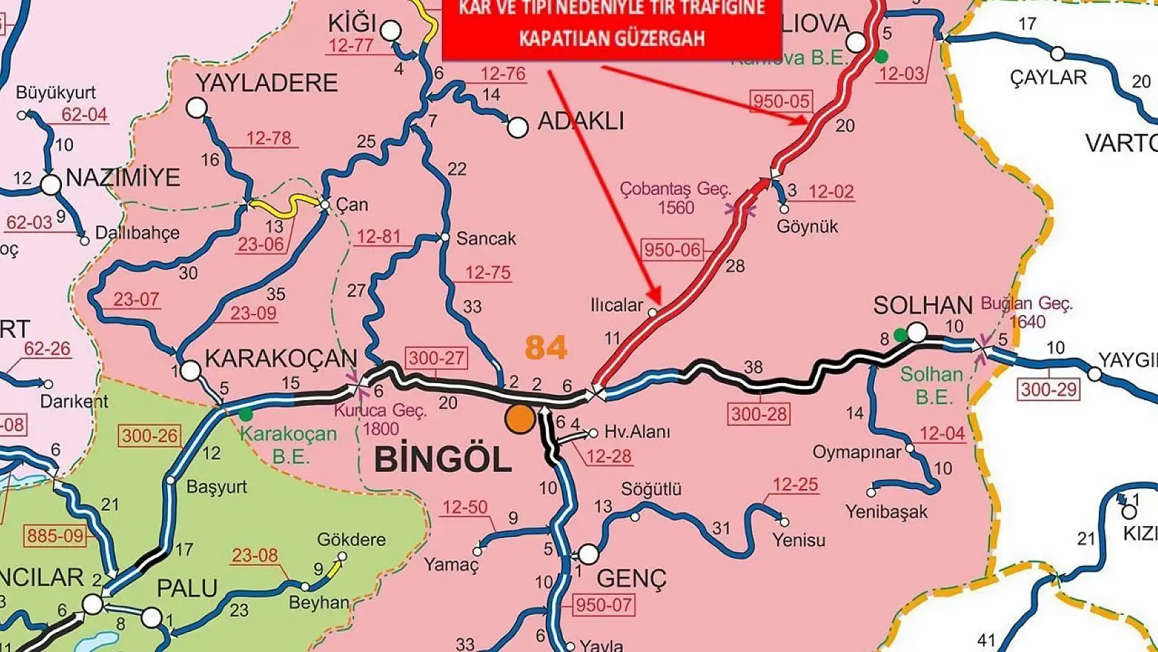 Bingöl-Erzurum ile Bingöl-Diyarbakır karayolu tır trafiğine kapatıldı