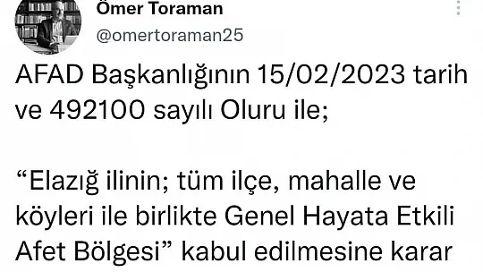 Vali Toraman'dan açıklama: Elazığ'ın ilçeleri de afet bölgesine dahil mi?