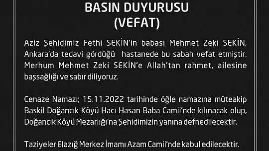 Merhum Sekin'in Cenaze Programı Belli Oldu