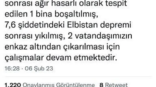 Elazığ Valisi Toraman, '2 vatandaşımızın enkaz altından çıkarılması için çalışmalar devam etmektedir'